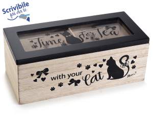 Wooden tea / spice box w / 2 compartments and black cat deco