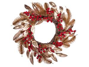 Wholesale Gold Christmas Wreaths with Red Berries