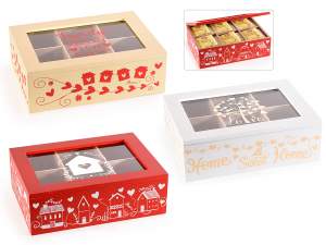 Caja de té/especias de vidrio de madera con 6 compartimentos