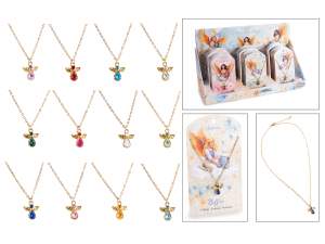 Collier en métal avec ange et pierre synthétique colorée
