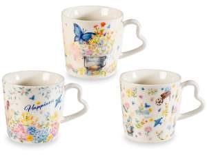Mug en porcelaine florale de 350 ml avec anse forme de cœur