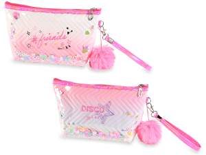 Trousse con glitter, zip e pompon