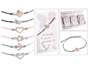 Braccialetto in corda con ciondolo in metallo con strass