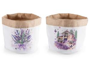 Cestino in stoffa decori lavanda con interno in juta
