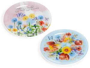 Piatto tondo in vetro con stampa fiori di campo