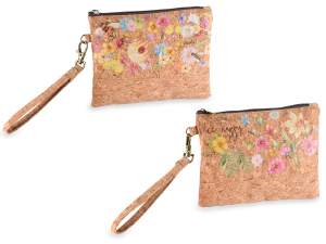 Pochette in sughero con zip, laccetto e decori fiori e api