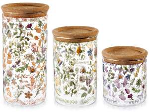 Set 3 barattoli alimentari in vetro stampa fiori e coperchio