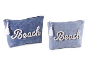 Astuccio / beauty effetto jeans con scritta Beach in corda