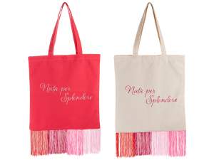 Borsa in stoffa con scritta ricamata e frange colorate