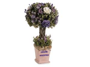 Albero in vaso con fiori artificiali, scritta grazie maestra