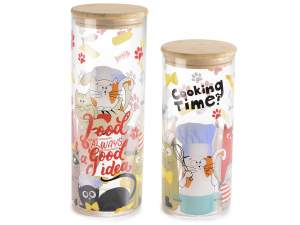 Set 2 barattoli alimentari vetro FunnyCats c/coperchio legno