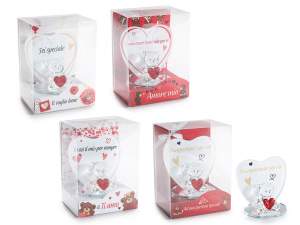 Cuore con orsetto e cuoricino rosso in vetro con dedica