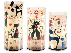 Set 3 lampade in vetro cangiante con luci LED e stampa gatti