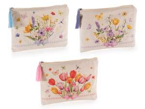 Pochette in canvas con decori floreali, zip e nappina