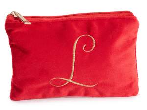 Pochette in velluto con chiusura zip e lettera ricamata - L