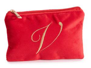 Pochette in velluto con chiusura zip e lettera ricamata - V