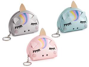 Portamonete in similpelle unicorno con orecchie, portachiavi