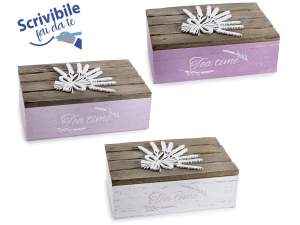 Scatola tè in legno con decori in rilievo lavanda