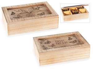 Scatola tè legno 6 scomparti con coperchio e decori incisi