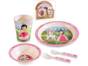 Set pappa in melamina 5pz ,piatto,bicchiere, fondo, 2 posate