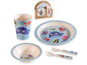 Set pappa in melamina con 2 piatti, 2 posate e bicchiere