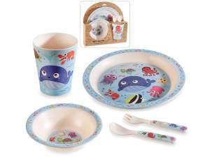 Set pappa in melamina 5pz ,piatto,bicchiere, fondo, 2 posate