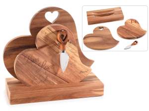 Set 2 taglieri in legno di acacia a cuore su base c/coltello