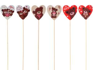 Cuore in legno con stampa orsetto su stick in legno