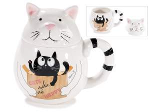 Tazza in ceramica 350 ml a gattino con coperchio 3D e stampa