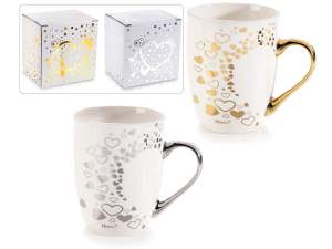 Tazza porcellana c/cuore simil oro/argento in scatola regalo