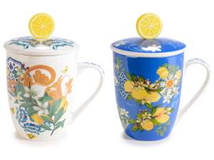 Tazza in porcellana 300ml agrumi con coperchio decorato