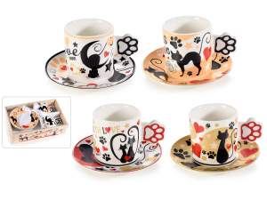 Conf. 2 tazzine e piattini in porcellana c/decori Pretty Cat