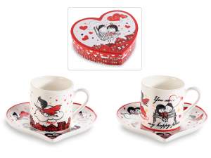 Conf.regalo 2 tazzine caffè e piattini cuore in porcellana