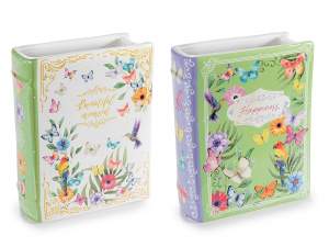 Vaso a libro in ceramica lucida con decori fiori e farfalle