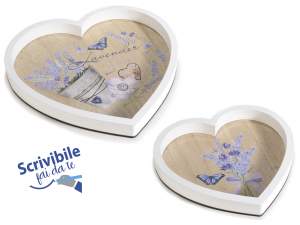 Set 2 vassoi a cuore in legno con decoro lavanda