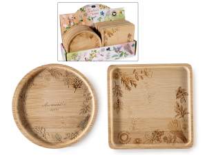 Piattino / Vassoio in legno con decori botanici incisi