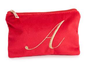 Pochette en velours avec fermeture zippée et lettre brodée-A