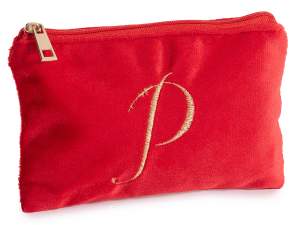 Pochette en velours avec fermeture zippée et lettre brodée-P