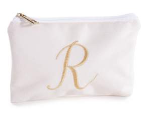 Pochette en velours avec fermeture zippée et lettre brodée-R