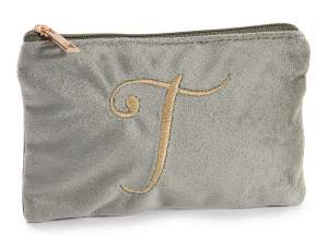 Pochette en velours avec fermeture zippée et lettre brodée-T