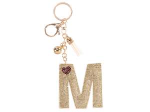 Charm / Porte-clés Lettre M Doré avec Strass et Pompon