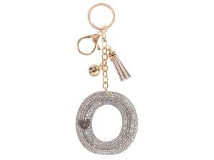 Charm / porte-clés lettre O argent avec strass et pompon