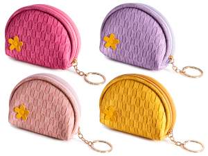 Porte-monnaie en similicuir avec fleur, zip et porte-clés