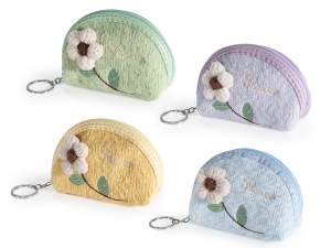 Porte-monnaie en tissu avec zip et fleur brodée et cousue