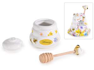 Tarro de miel cerámica 150 ml, cucharón de madera para miel