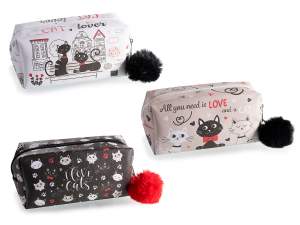 Trousse de toilette en simili cuir chat avec zip et pompon