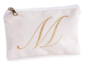 Velvet clutch bag with zip closure and embroidered letter M