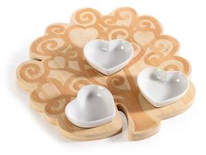Aperitif set 3 porcelain bowls on wooden tray
