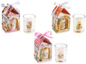 Scented candle in a printed glass cup