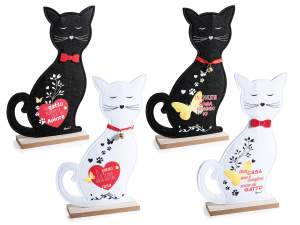 Cloth cat on a wooden base with writing and decorations